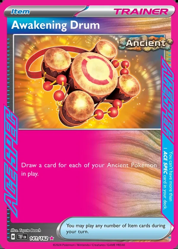 Awakening Drum 141/162, Temporal Forces English Print with "Play! Pokémon" stamp, card art reference