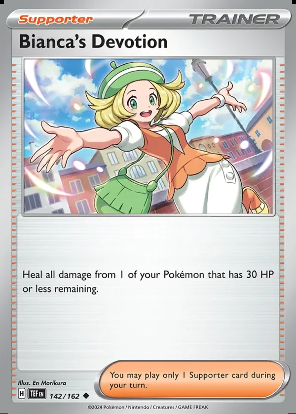Bianca's Devotion 142/162, Temporal Forces English Print with "Play! Pokémon" stamp, card art reference