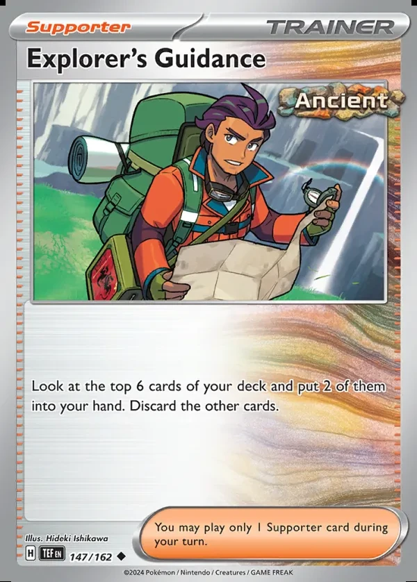 Explorer's Guidance 147/162, Temporal Forces English Print with "Play! Pokémon" stamp, card art reference