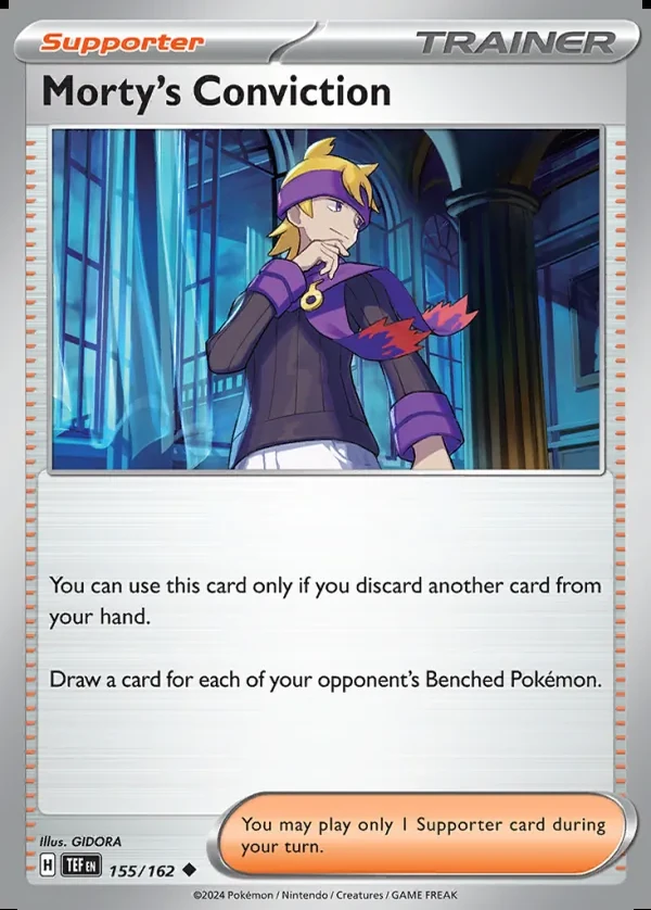 Morty's Conviction 155/162, Temporal Forces English Print with "Play! Pokémon" stamp, card art reference