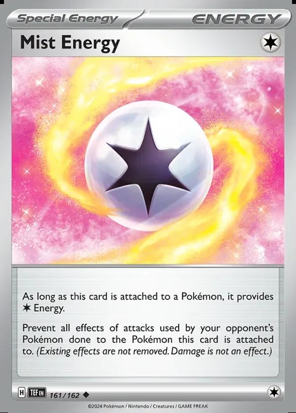 Mist Energy 161/162, Temporal Forces English Print with "Play! Pokémon" stamp, card art reference