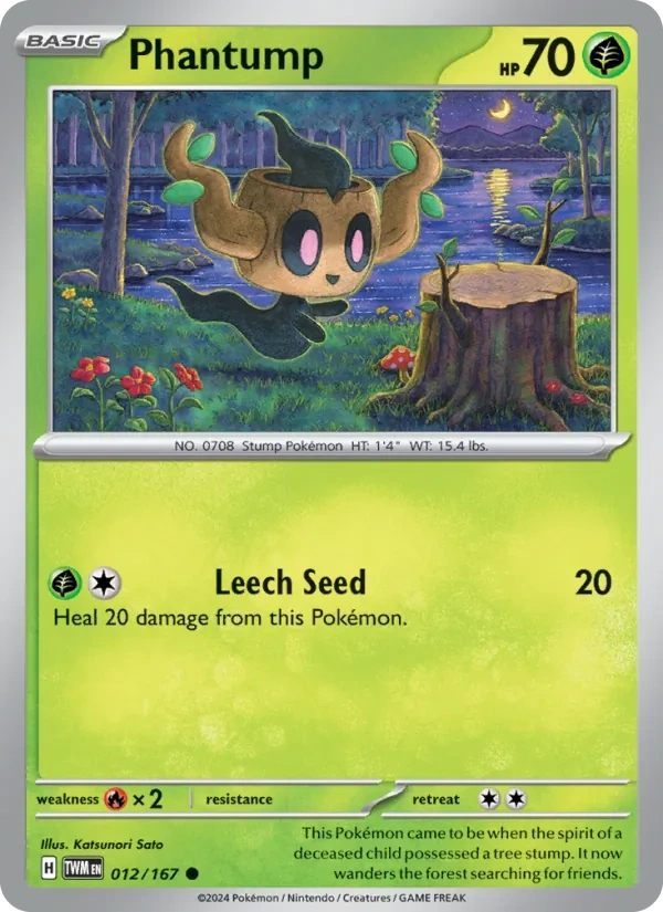 Phantump 012/167, Twilight Masquerade English Pikachu jack-o'-lantern stamp print, card art reference