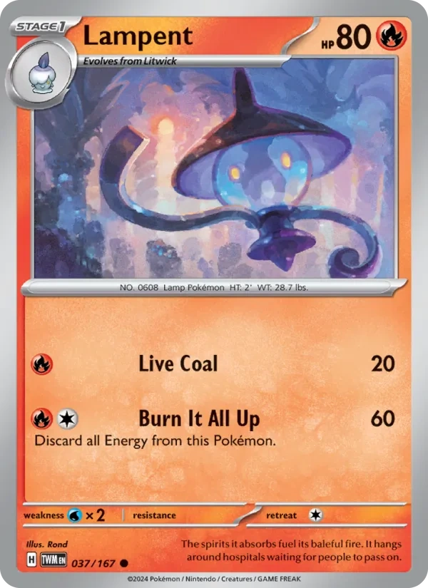 Lampent 037/167, Twilight Masquerade English Pikachu jack-o'-lantern stamp print, card art reference