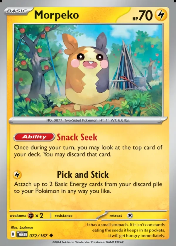 Morpeko 072/167, Twilight Masquerade English Print with "Play! Pokémon" stamp, card art reference