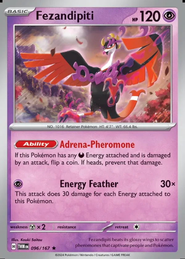 Fezandipiti 096/167, Twilight Masquerade English Print with "Play! Pokémon" stamp, card art reference