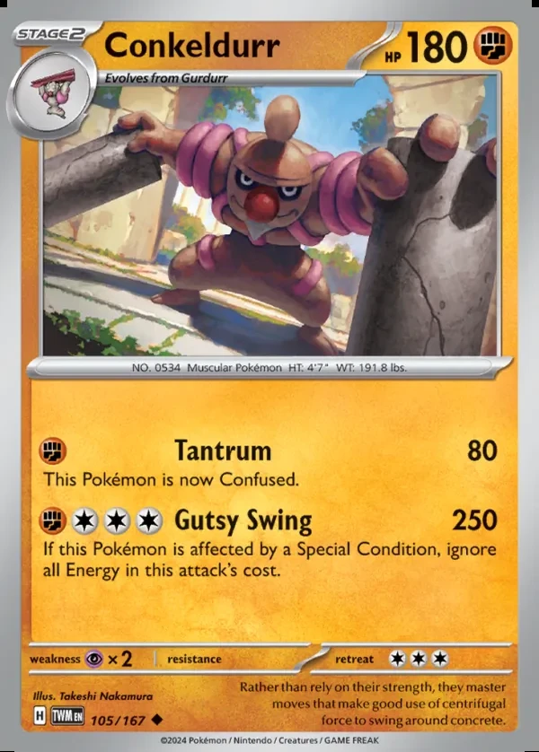 Conkeldurr 105/167, Twilight Masquerade English Print with "Play! Pokémon" stamp, card art reference