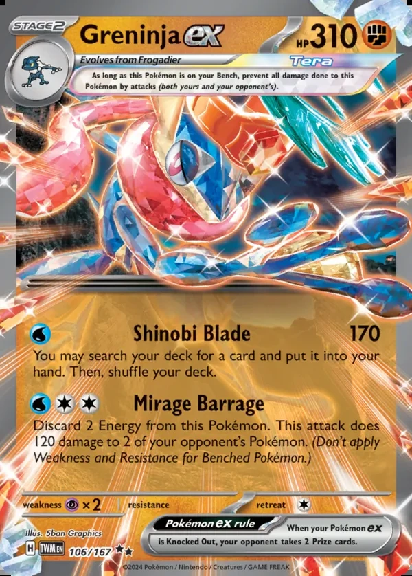 Greninja 106/167, Twilight Masquerade English Print with "Play! Pokémon" stamp, card art reference