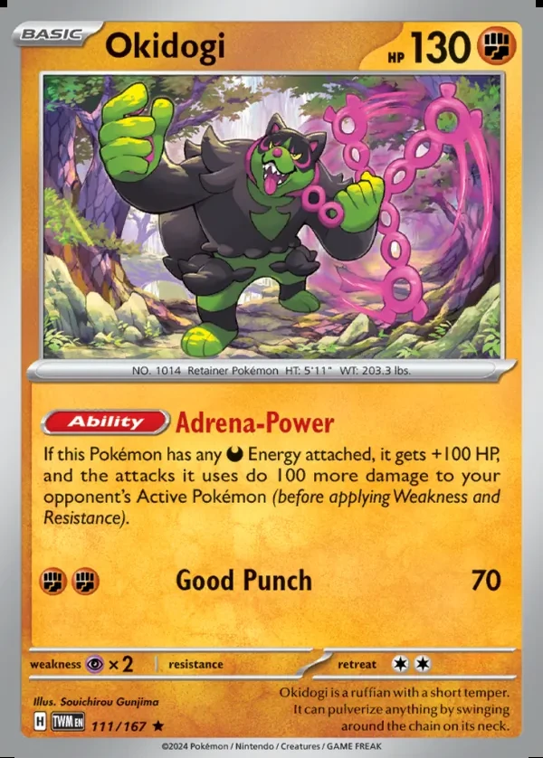 Okidogi 111/167, Twilight Masquerade English Print with "Play! Pokémon" stamp, card art reference