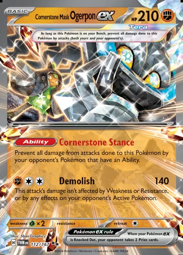 Cornerstone Mask Ogerpon 112/167, Twilight Masquerade English Print with "Play! Pokémon" stamp, card art reference