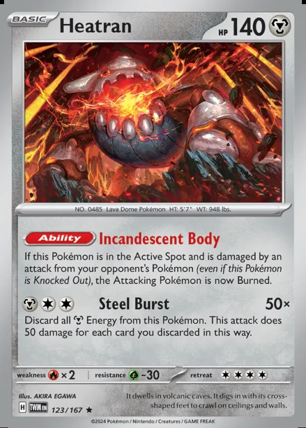 Heatran 123/167, Twilight Masquerade English Print with "Play! Pokémon" stamp, card art reference
