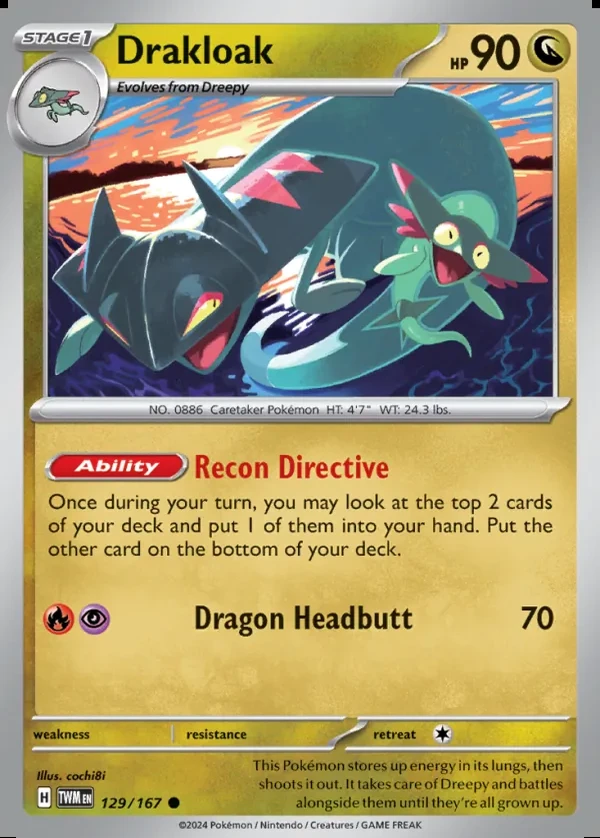 Drakloak 129/167, Twilight Masquerade English Print with "Play! Pokémon" stamp, card art reference