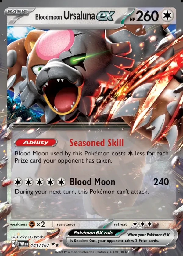 Bloodmoon Ursaluna 141/167, Twilight Masquerade English Print with "Play! Pokémon" stamp, card art reference