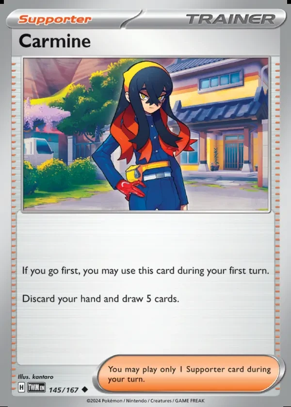 Carmine 145/167, Twilight Masquerade English Print with "Play! Pokémon" stamp, card art reference