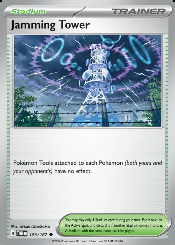 Jamming Tower 153/167, Twilight Masquerade English Print with "Play! Pokémon" stamp, card art reference