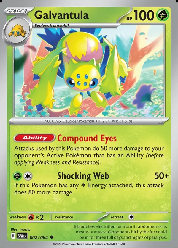 Galvantula 002/064, Shrouded Fable English Print with "Play! Pokémon" stamp, card art reference