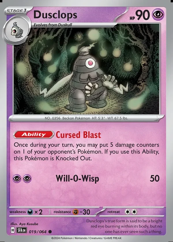 Dusclops 019/064, Shrouded Fable English Print with "Play! Pokémon" stamp, card art reference