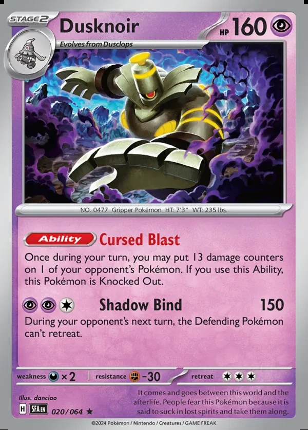 Dusknoir 020/064, Shrouded Fable English Print with "Play! Pokémon" stamp, card art reference