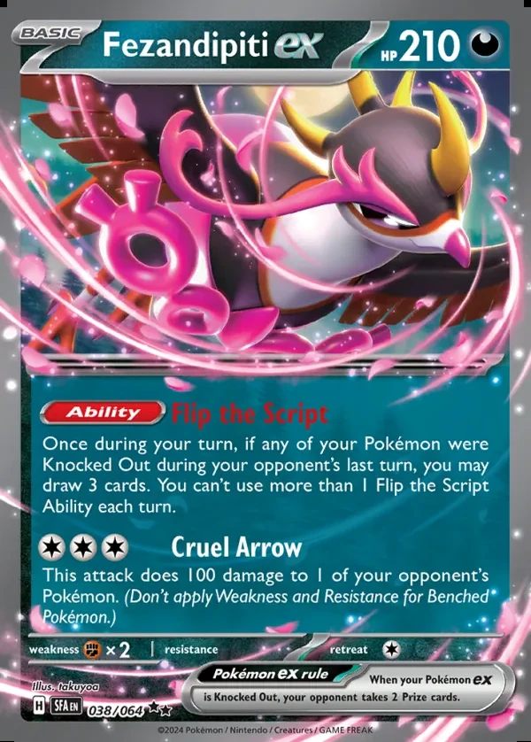 Fezandipiti 038/064, Shrouded Fable English Print with "Play! Pokémon" stamp, card art reference