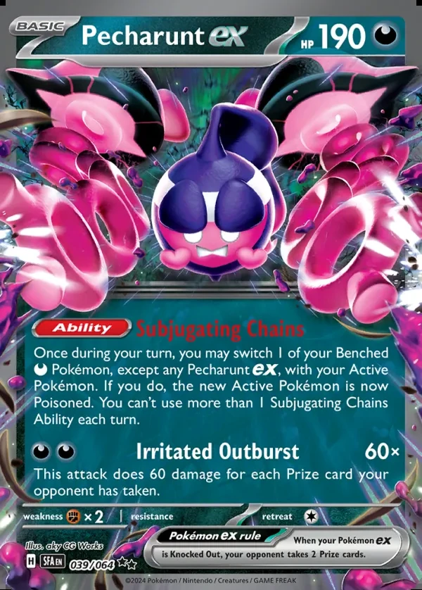 Pecharunt 039/064, Shrouded Fable English Print with "Play! Pokémon" stamp, card art reference