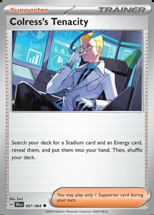 Colress's Tenacity 057/064, Shrouded Fable English Print with "Play! Pokémon" stamp, card art reference