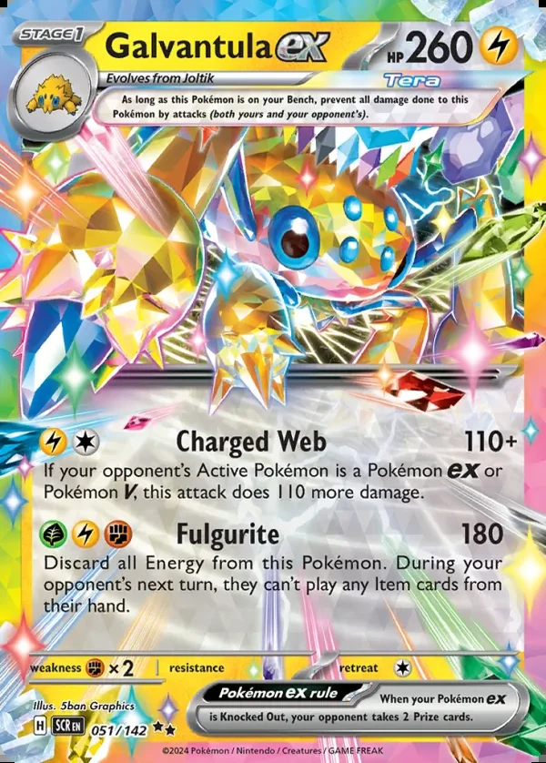 Galvantula 051/142, Stellar Crown English Print with "Play! Pokémon" stamp, card art reference