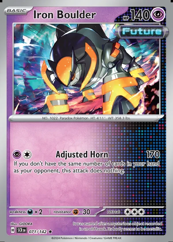 Iron Boulder 071/142, Stellar Crown English Print with "Play! Pokémon" stamp, card art reference
