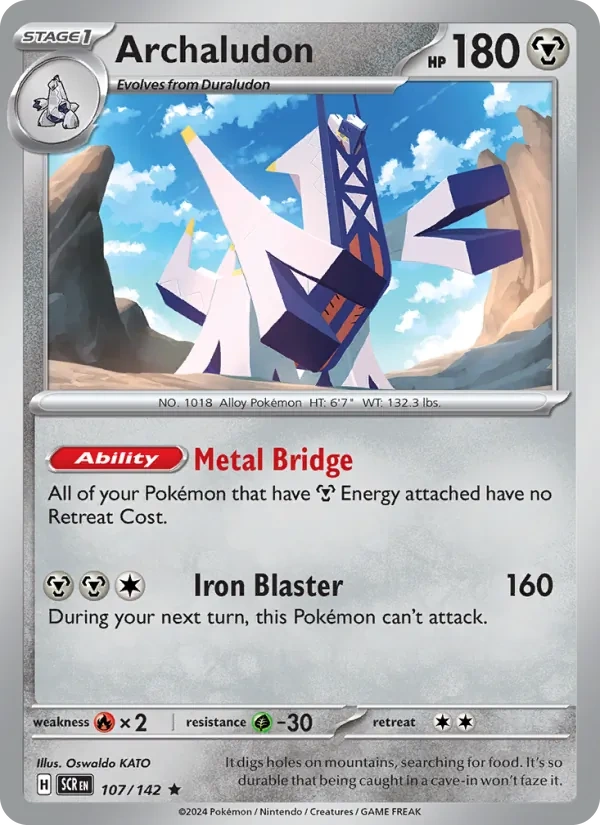 Archaludon 107/142, Stellar Crown English Cosmos Holofoil "EB Games" stamp, card art reference