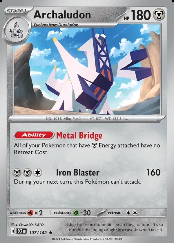 Archaludon 107/142, Stellar Crown English Print with "Play! Pokémon" stamp, card art reference