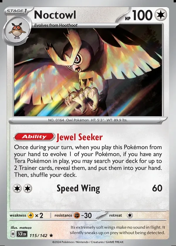 Noctowl 115/142, Stellar Crown English Print with "Play! Pokémon" stamp, card art reference