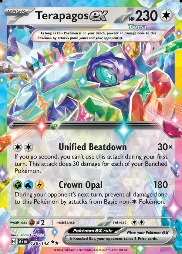 Terapagos 128/142, Stellar Crown English Print with "Play! Pokémon" stamp, card art reference