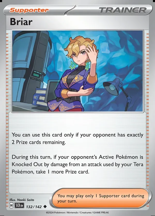 Briar 132/142, Stellar Crown English Print with "Play! Pokémon" stamp, card art reference
