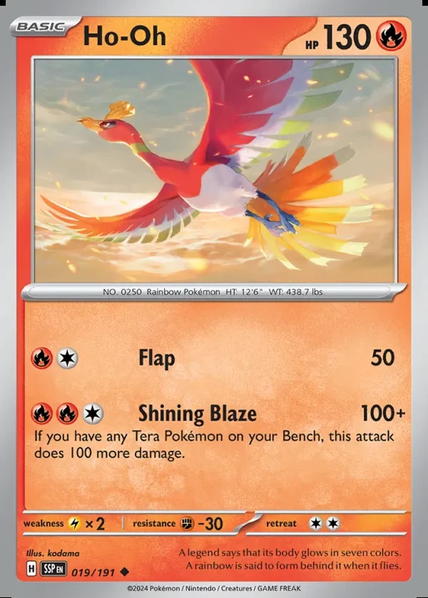 Ho-Oh 019/191, Surging Sparks English Print with "Play! Pokémon" stamp, card art reference