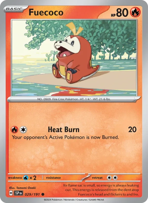 Fuecoco 029/191, Surging Sparks English Pokémon Horizons logo print, card art reference