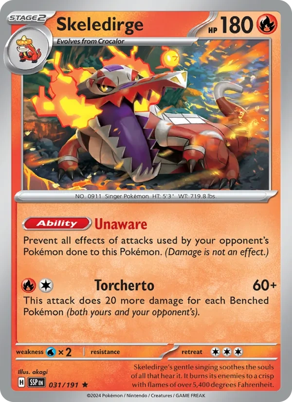 Skeledirge 031/191, Surging Sparks English Cosmos Holofoil, card art reference