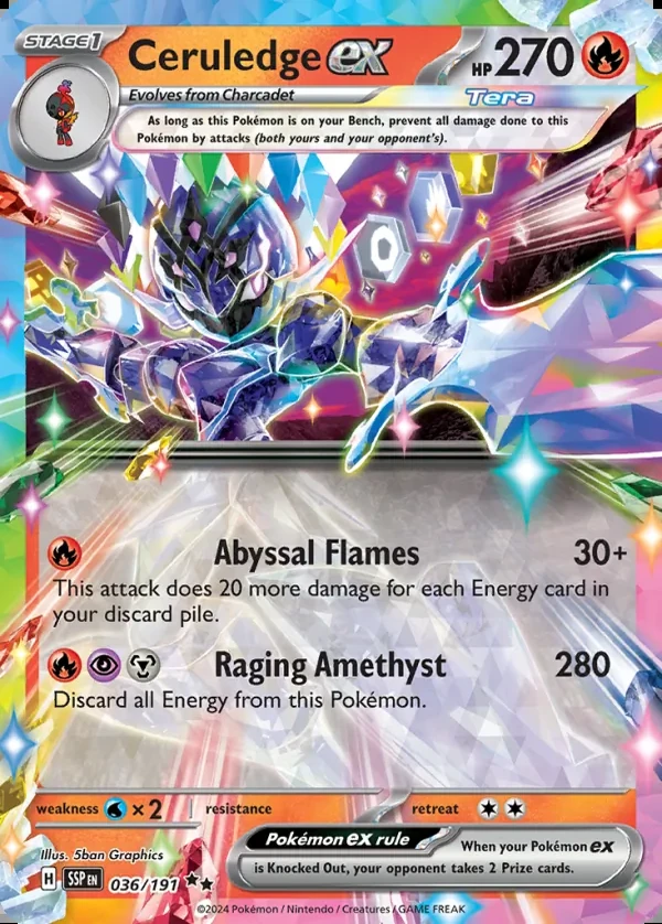 Ceruledge 036/191, Surging Sparks English Print with "Play! Pokémon" stamp, card art reference