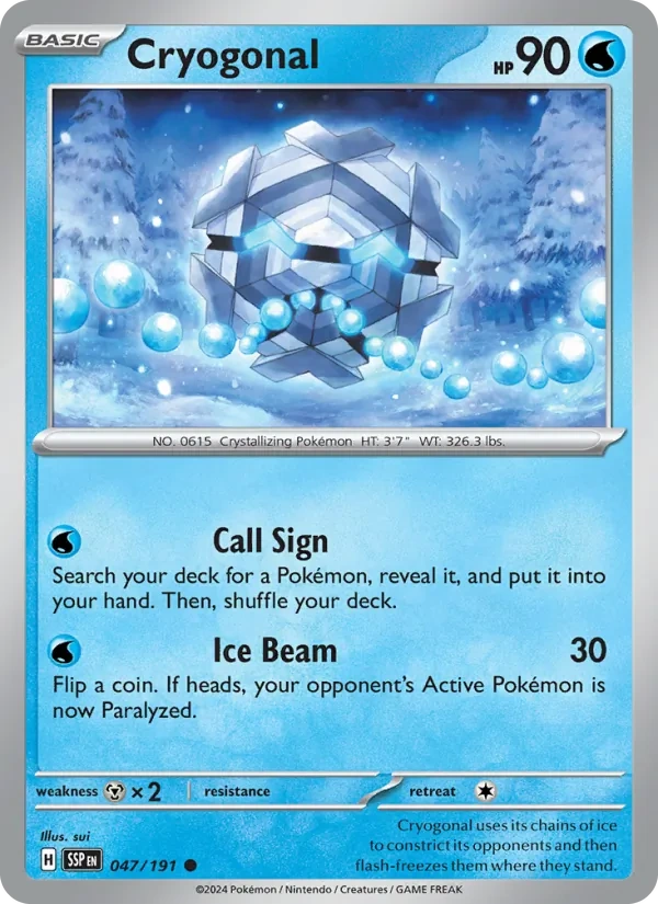 Cryogonal 047/191, Surging Sparks English Cosmos Holofoil snowflake stamp, card art reference