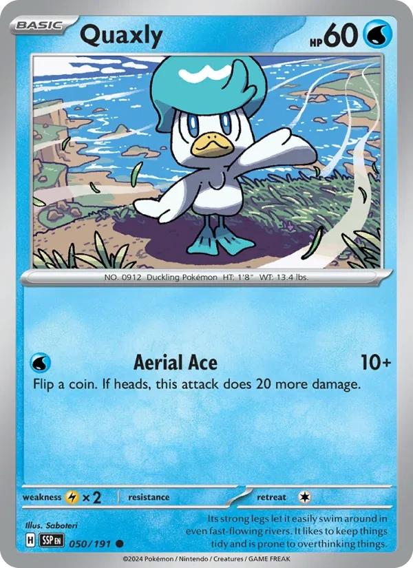 Quaxly 050/191, Surging Sparks English Pokémon Horizons logo print, card art reference