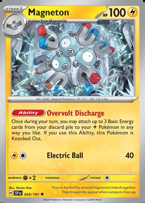 Magneton 059/191, Surging Sparks English Print with "Play! Pokémon" stamp, card art reference