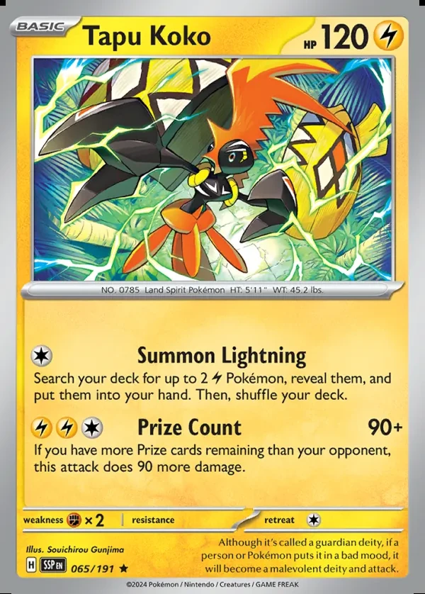 Tapu Koko 065/191, Surging Sparks English Print with "Play! Pokémon" stamp, card art reference