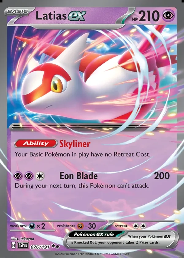 Latias 076/191, Surging Sparks English Print with "Play! Pokémon" stamp, card art reference