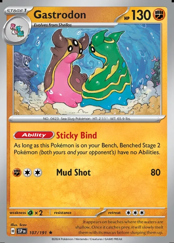 Gastrodon 107/191, Surging Sparks English Print with "Play! Pokémon" stamp, card art reference