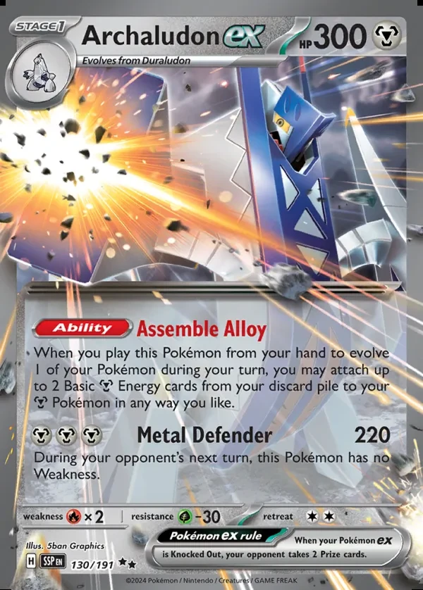 Archaludon 130/191, Surging Sparks English Print with "Play! Pokémon" stamp, card art reference