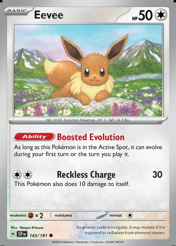 Eevee 143/191, Surging Sparks English Print with "Play! Pokémon" stamp, card art reference