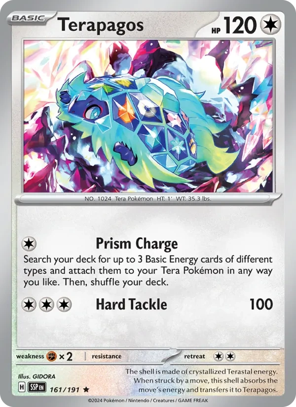 Terapagos 161/191, Surging Sparks English Pokémon Horizons logo print, card art reference