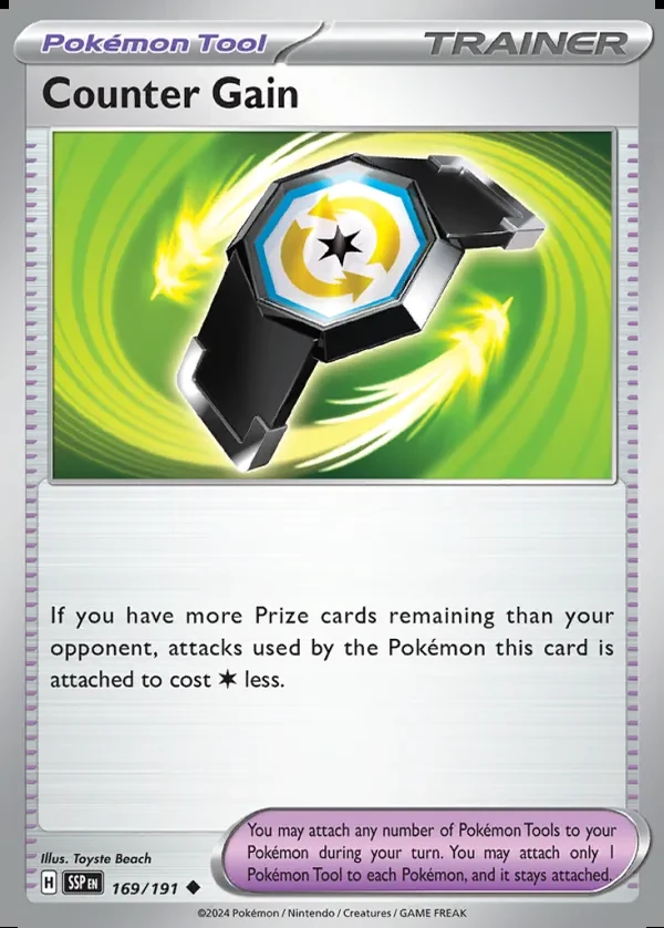 Counter Gain 169/191, Surging Sparks English Print with "Play! Pokémon" stamp, card art reference