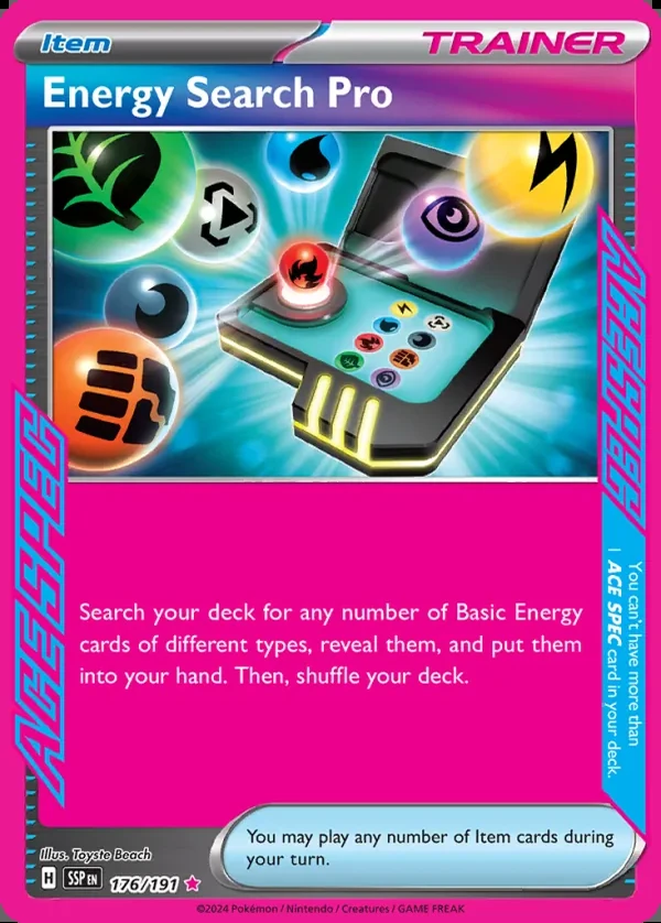 Energy Search Pro 176/191, Surging Sparks English Print with "Play! Pokémon" stamp, card art reference