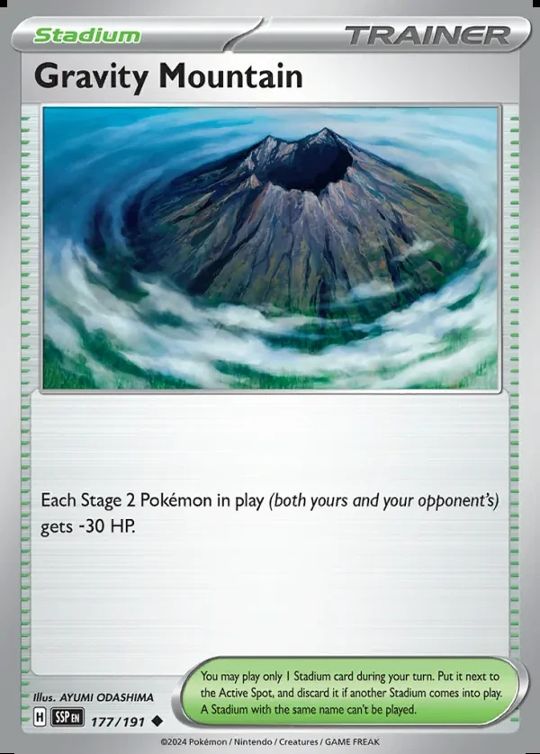 Gravity Mountain 177/191, Surging Sparks English Print with "Play! Pokémon" stamp, card art reference