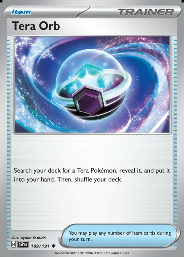 Tera Orb 189/191, Surging Sparks English Print with "Play! Pokémon" stamp, card art reference