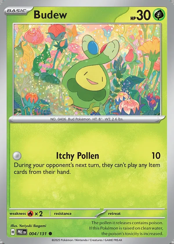 Budew 004/131, Prismatic Evolutions English Print with "Play! Pokémon" stamp, card art reference