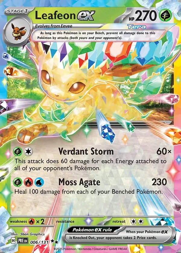 Leafeon 006/131, Prismatic Evolutions English Print with "Play! Pokémon" stamp, card art reference